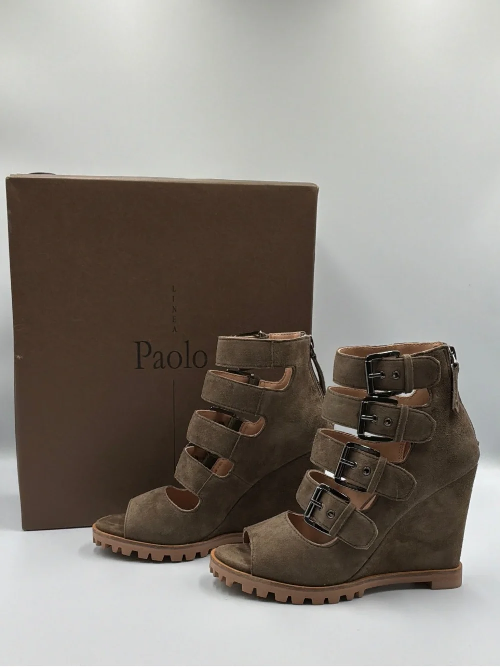 Linea Paolo Taupe Suede Multi-Strap Buckle Wedge Sandals